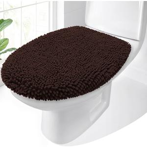 OLANLY Soft Chenille Bathroom Toilet Lid Cover, Machine Washable Seat Covers, 17.5x15, Stays in Place Rubber Backing, Fits Most Round, Elongated and Oblong Lids, Accessories Decor, Brown