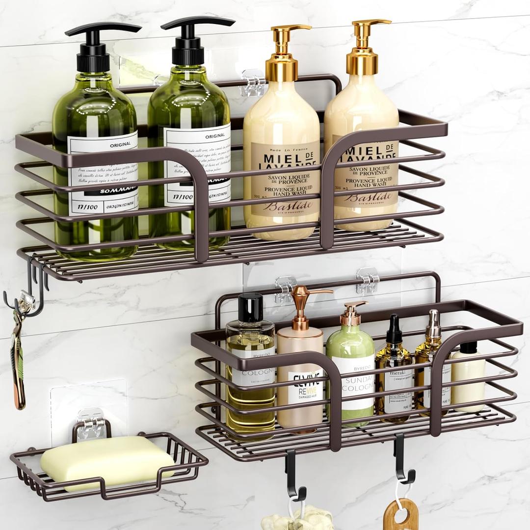 Yougai Shower Caddy 3 Pack, No drilling Stainless Steel Hanging Shower Organizer Set, Strong Adhesive Shower Organizer for Bathroom Storage, Waterproof & Large Bearing Weight Organizer Shelf, Brown