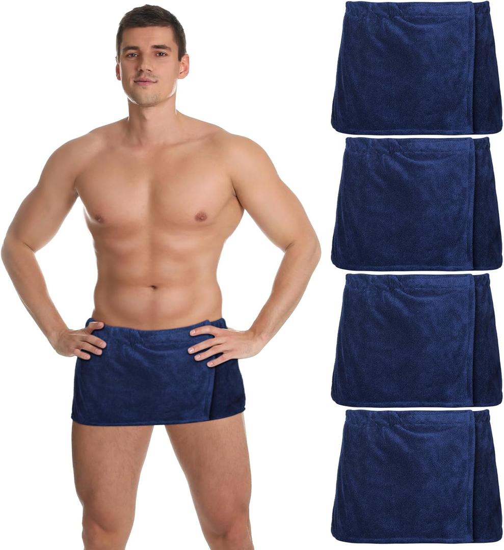 Mixweer 4 Pcs Mens Wearable Bath Towel Wrap Short Pants 11.81'' Mens Towel Shower Wrap with Closure for Bathroom Shower Spa Gym(Dark Blue,Coral Fleece)