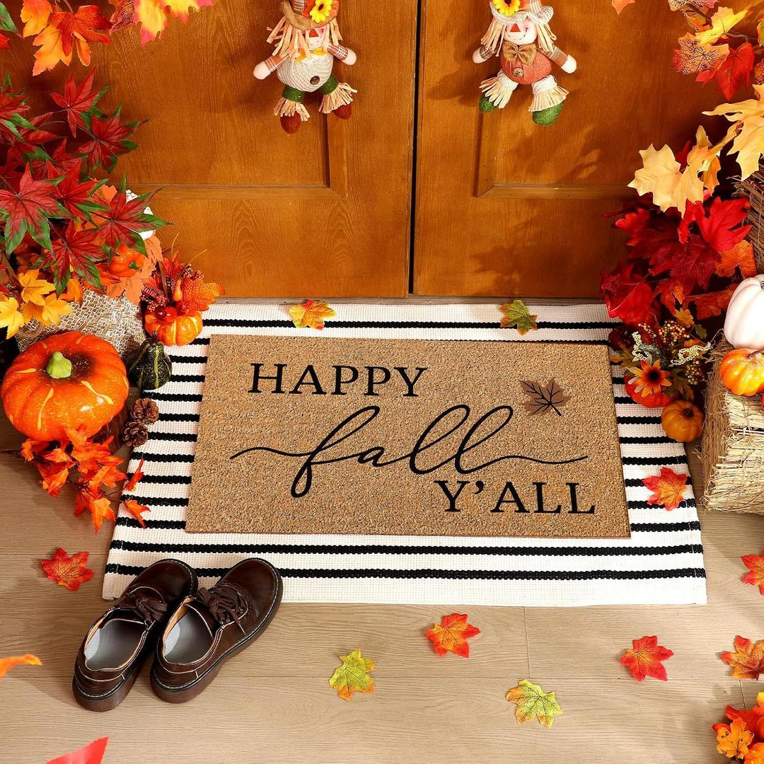 Duraaamo 2 Pcs Thanksgiving Nature Coir Doormat Outdoor Happy Thanksgiving Welcome Outdoor Rug Autumn Non Slip Floor Door Mat Fall Indoor Entrance Mat Autumn Porch Front Decor, 24 x 16 Inch, 15.75 x 23.62 inches, 27.56 x 43.31 inches