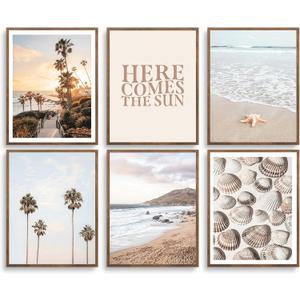 6Pcs Boho Coastal Wall Art Beach Palm Tree Seashell Posters Prints with Here Comes the Sun Neutral Ocean Themed Pictures Wall Decor for Bedroom Dorm Apartment Home Decoration 8''x10'' Unframed