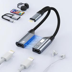 Opluz iPhone Splitter for Charging and Headphone, Magnetic Lightning Splitter to Lightning Headphone + Charger Adapter iPhone Dongle Cable Audio Adapter for i-Phone 14/13/12/11/8/7/6/pad (Grey)
