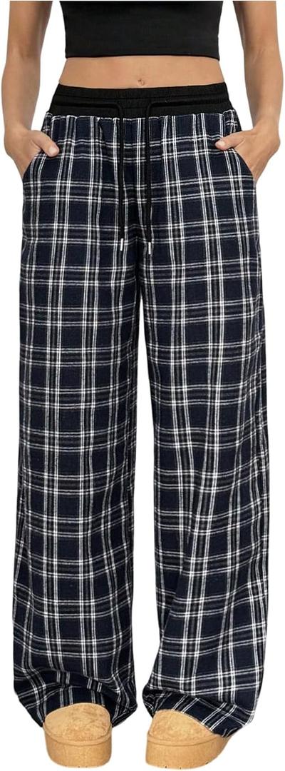 SOLY HUX Women's Plaid Pants Drawstring Elastic Waist Wide Leg Baggy Lounge Pants Casual Long Trousers (Blue, M)