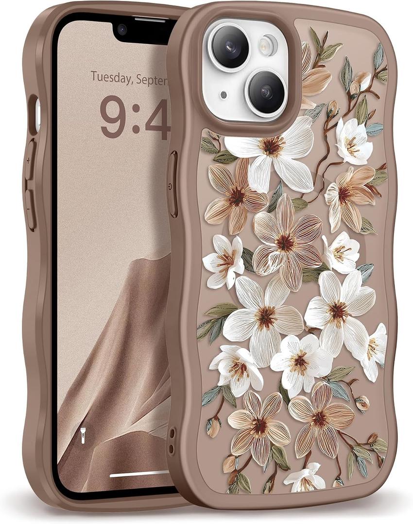 GVIEWIN Cute for iPhone 14 Case & iPhone 13 Case [Compatible with MagSafe] [Curly Wave Edge] Floral Translucent Magnetic Shockproof Protective Phone Cover for iPhone 14/13 6.1'', Dogwood/Brown