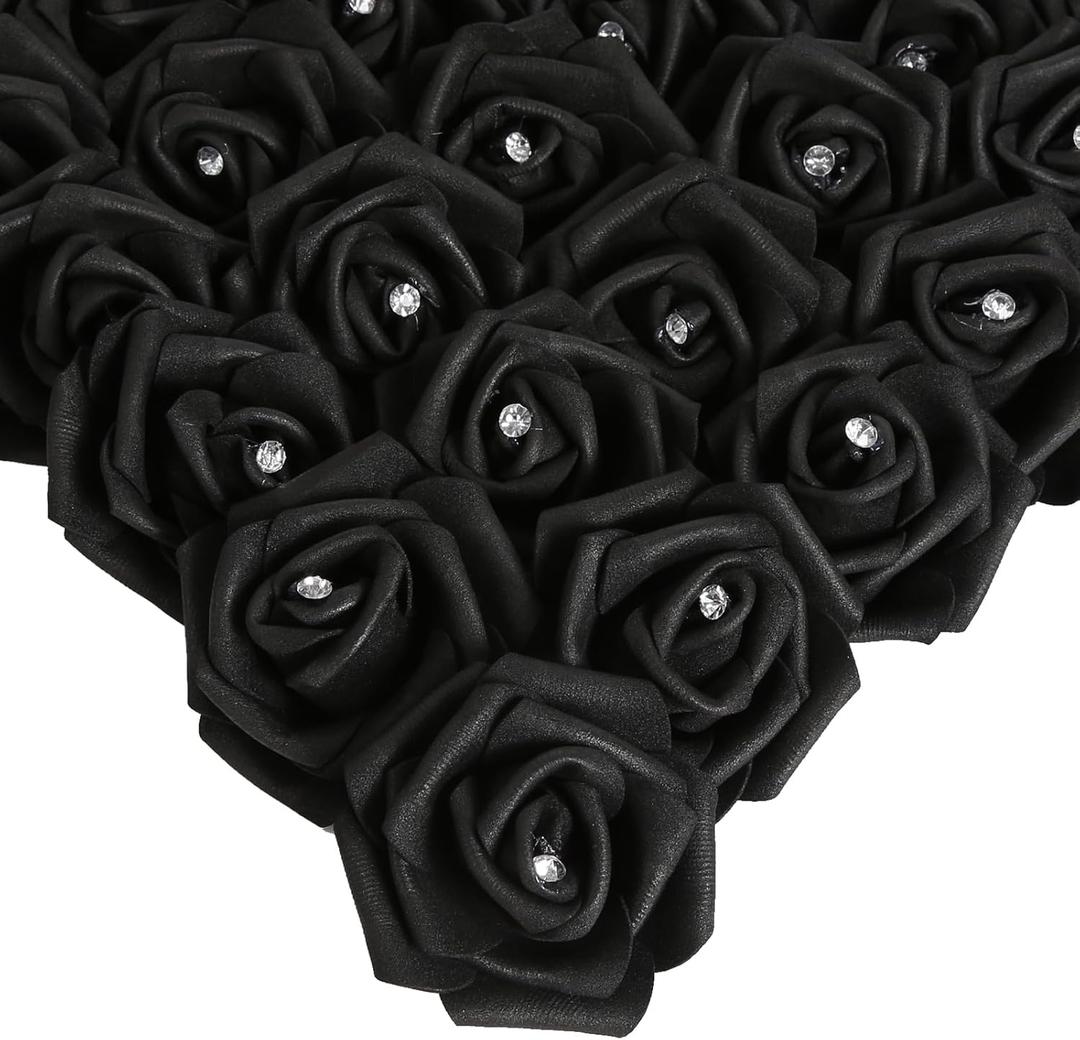 IPOPU 100pcs Black Rose Artificial Flower Heads Bulk with Crystal 3in Real Looking Foam Fake Roses Faux Flowers for DIY Craft Wedding Bouquets Arrangements Party Table Home Decorations(Black)
