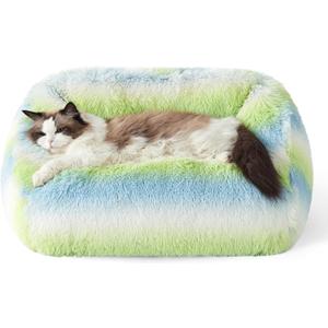 Lesure Cute Cat Bed Indoor - Furry Cat Bed Large, Washable Calming Small Dog Beds for Puppy with Fashion Design, 26x21x9inches, Green Stripe (Medium)