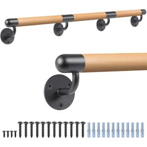Dolibest 100 Inch Wood Indoor Stairs Wall Mount Handrail w/Sturdy Metal Barckets, Non-Slip and Comfortable Handrail Barrier-Free Staircase Grab Bar for Elderly, 1-1/2'' Round