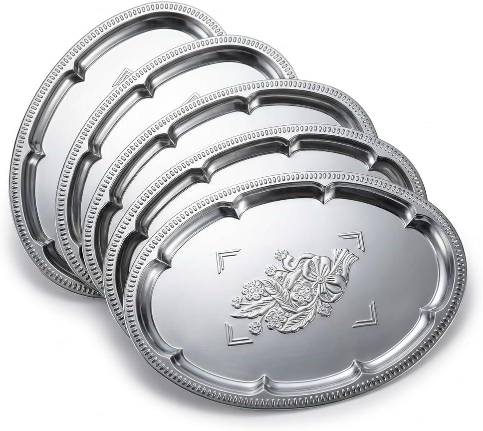 5-Pack Large Serving Tray 15.7"x11.8", Stainless Steel Decorative Platter with Raised Rim, Vintage Mirror Finish, Stackable Serveware for Parties, Weddings, and Home Display