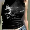 Women's Gothic Ribbed Tank Tops Y2K Graphic Crewneck Sleeveless Tight Shirts (Black, L)