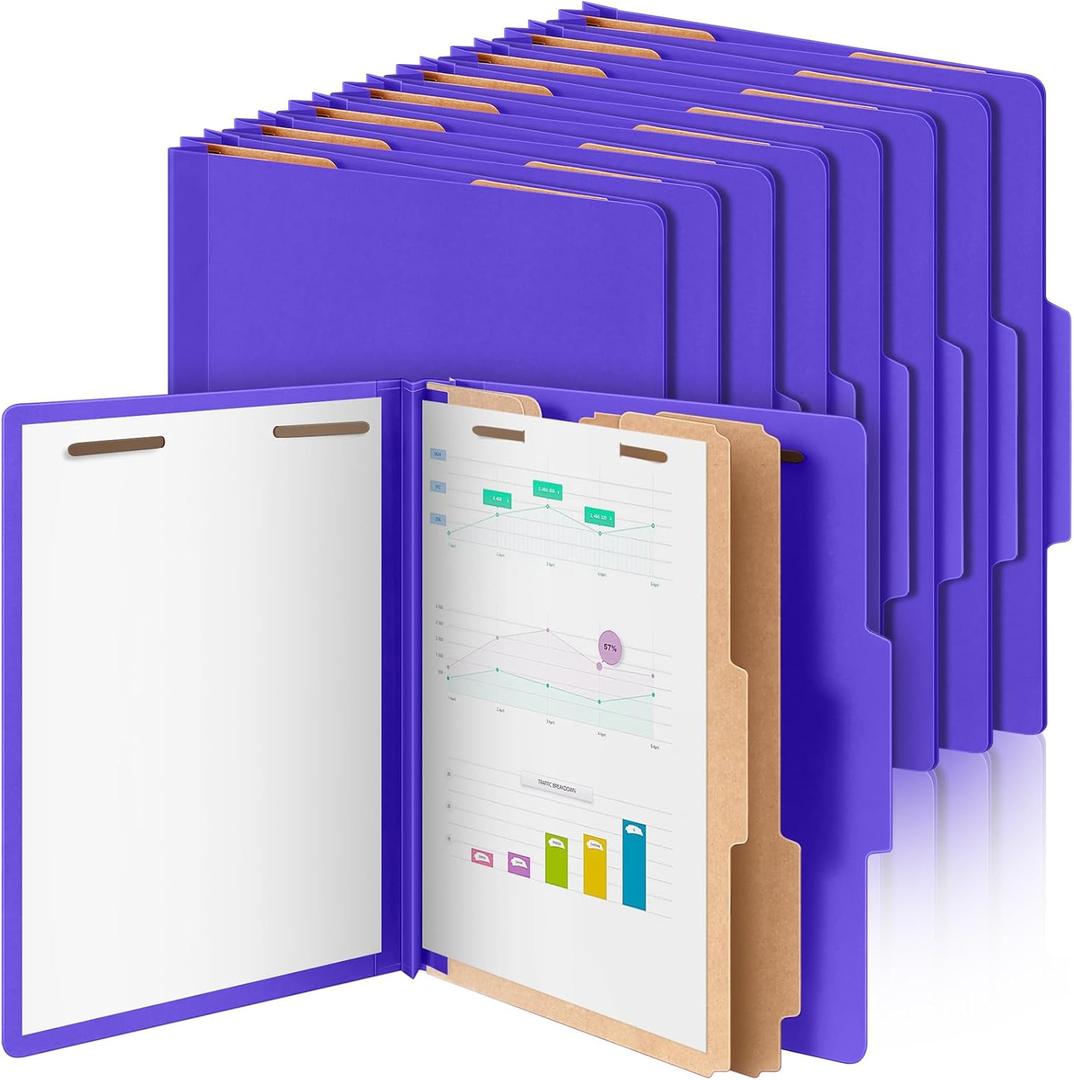 Skyygemm 12 Pcs Classification Folders Letter Size Bulk - 2 Dividers Pressboard File Folder with 3. 5 Inch Expansion, 2 Prongs Fastener, Heavy Duty Office File Organizer for Teacher Medical (Purple)