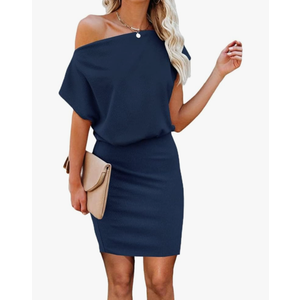 Ezbelle Women's Off The Shoulder Short Sleeve Ribbed Casual Summer Hips-Wrapped Bodycon Party Mini Batwing Dress Large
