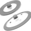 Set of 2 Vented Tempered Glass Universal Lid for Pot Pan Skillet with Heat Resistant Silicone Microwave Splatter Cover Microwave Safe Fit 6.5" 7" 7.5" and 11.5" 12" 12.5", Light Grey