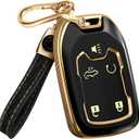 Lucrum for GMC & Chevy Key Fob Cover & Leather Keychain - TPU Keyfob Case for Suburban Acadia Sierra Tahoe Yukon - 2014-2025 (Black)