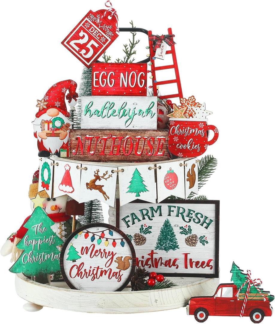 Christmas Tiered Tray Decor Set Christmas Wooden Sign Decor Rustic Farmhouse Gnome Snowflakes Table Sign for Bedroom Desk Office Party Supplies