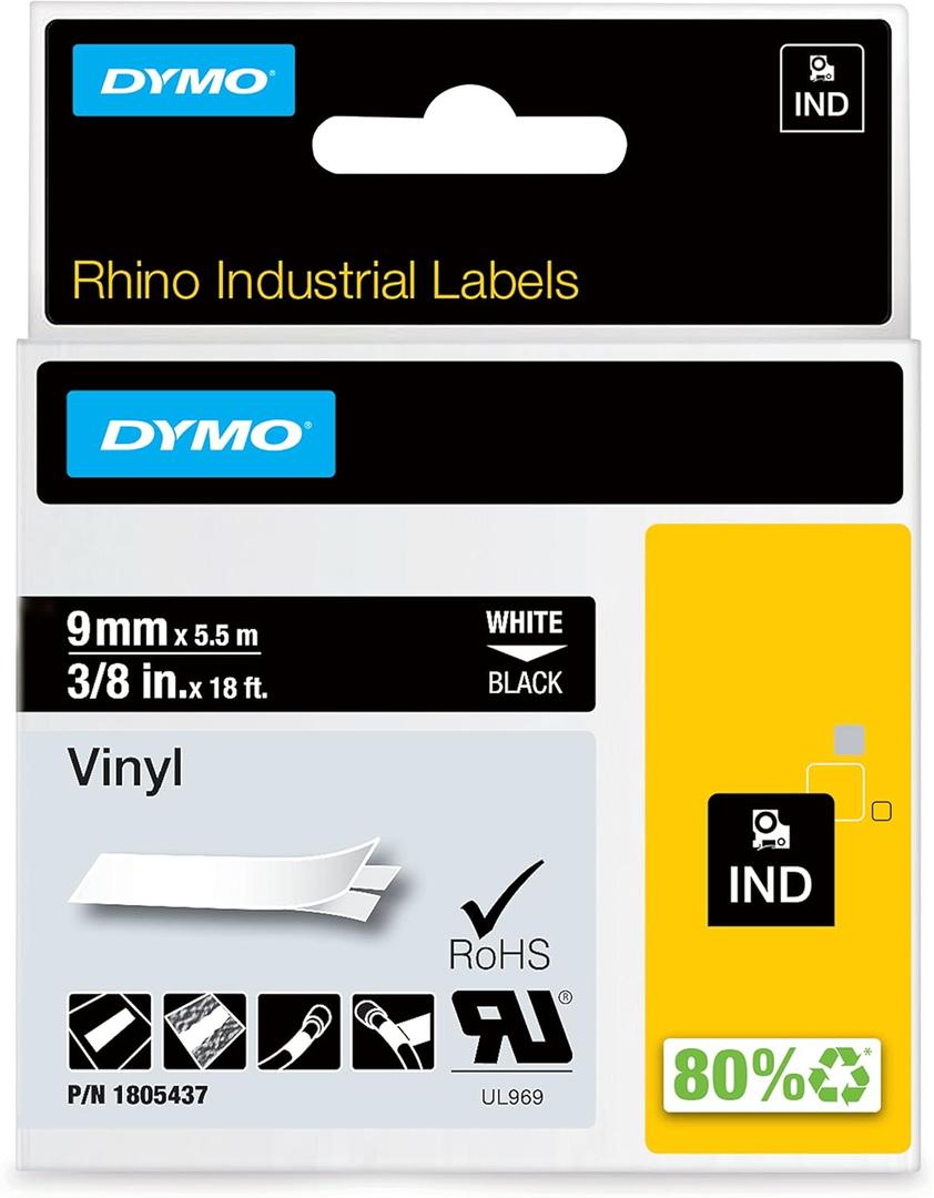 DYMO Industrial Vinyl Labels, 3/8", White on Black