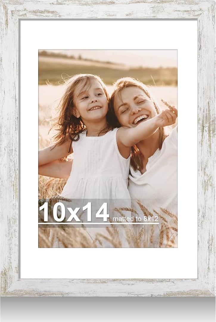 Hongkee 10x14 Picture Frame with Real Glass - 8x12 Wooden Frame with Mat, Horizontal and Vertical Display for Wall or Tabletop (Distressed White, 1 Pack)