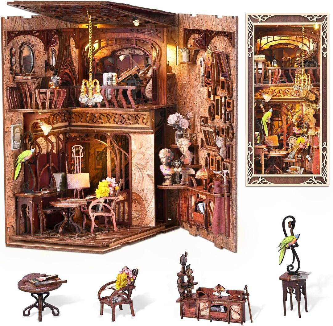 CCCDF DIY Book Nook Kit, Miniature Dollhouse Booknook Kit, 3D Wooden Puzzle Bookend Bookshelf Insert with LED Light for Teens and Adults, Painter's Day at Dusk