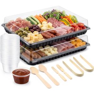 Shellwei Disposable Charcuterie Board Accessories 2 Pack 15 x 10 Inch Charcuterie Board with Lid 10 Mini Serving Tongs 20 Spoons 100 Forks 50 Toothpick Flags 10 Bowls for Butter Cheese Jam Appetizer, 14.96 x 10 x 3.15 inch