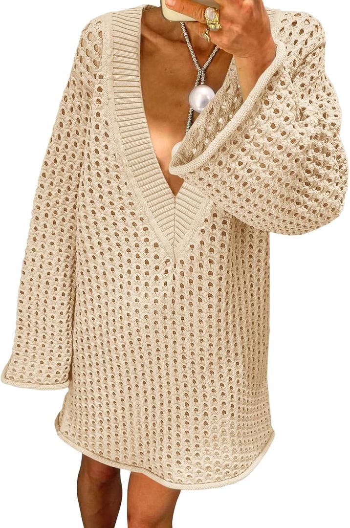 Saodimallsu Women Crochet Cover Up Long Sleeve Deep V Neck Hollow Out Sweater Oversized Beach Mini Dress Bathing Suit Coverup (Small, Khaki)