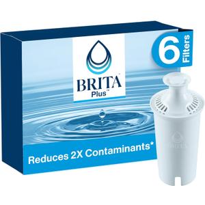 Brita Plus Water Filter, BPA-Free, High-Density Replacement Filter for Pitchers and Dispensers, Reduces 2x Contaminants*, Lasts Two Months or 40 Gallons, Includes 6 Filters