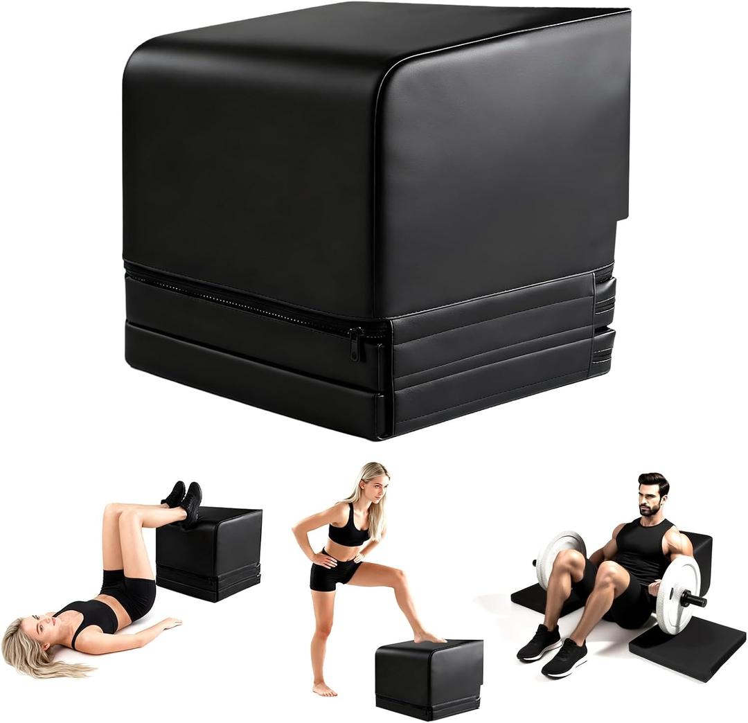 Adjustable Hip Thrust Bench, Pu Glute Machine with 2 Removable Height-Adjustable Training Pads, Multi-Function Full-Body Workout Box Suitable for Glute Presses/Glute Bridges/Box Jumps