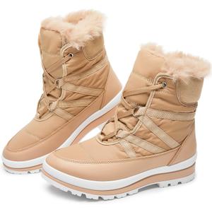 BABUDOG Women's Warm Fur Lined Mid-Calf Boots Waterproof Winter Snow Boots Non-slip Lace up Combat Boots (9.5, Apricot)