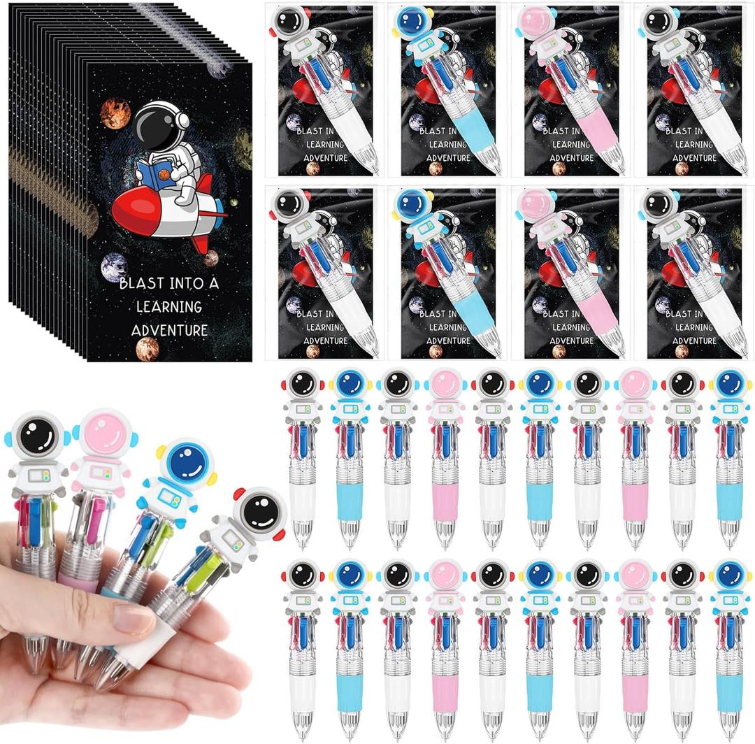 24 Sets Astronaut Pens Gift Bulk 4-in-1 Multicolor Ballpoint Pen with Positive Cards for Valentines Party Favor and Holiday Party Supplies