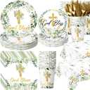 Yungyan 194 Pcs Baptism Plates and Napkins Tablecloth Cups serves 24 Baptism Decorations Green Cross Disposable Holy Communion Set for Wedding Newborn Religious First Holy Communion Party Supplies