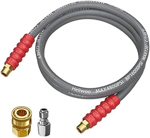 Heliwoo Pressure Washer Whip Hose 10FT, 3/8'' Hose Reel Connector for Power Washer, 248°F Hot Water Jumper with 3/8'' Quick Connect Adapter Set, Steel-Braided-4800 PSI