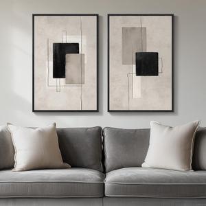 Framed Neutral Abstract Wall Art Set of 2, Black Beige Modern Canvas Prints Paintings Artwork for Walls, Minimalist Block Lines Pictures for Living Room, Dining Room, Bedroom Wall Decor 16x24 In (Minimalism)