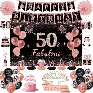 50th Birthday Decorations for Women - Rose Gold 37Pcs All-in-One Party Kit with Banner, Backdrop, Tiara, Sash, Cake Topper, Latex Balloons, Hanging Swirls, Centerpieces