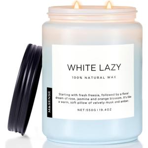 M&SENSE Spring Scented Candle, Jasmine Clean Cotton Soy Wax Large 19.4oz 110 Hour Long Lasting Burning Non Toxic Organic Natural 2 Wick Relaxing Jar Candle for Women (White Lazy)