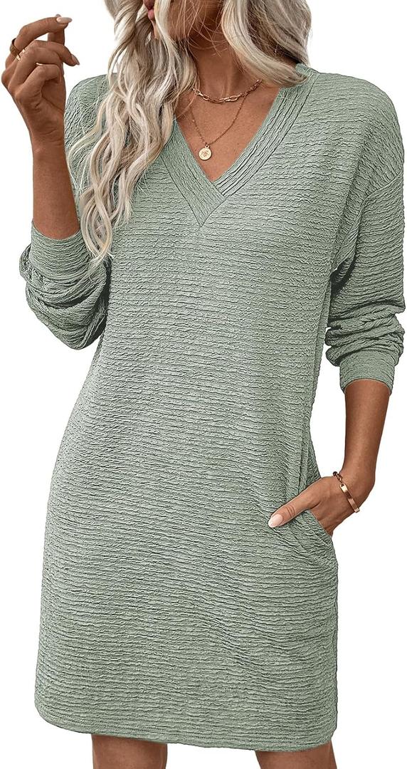 EVALESS Womens Fall Dresses 2026 Long Sleeve V Neck Casual Dress Textured Loose Fit Shift Mini Dress with Pockets (M)