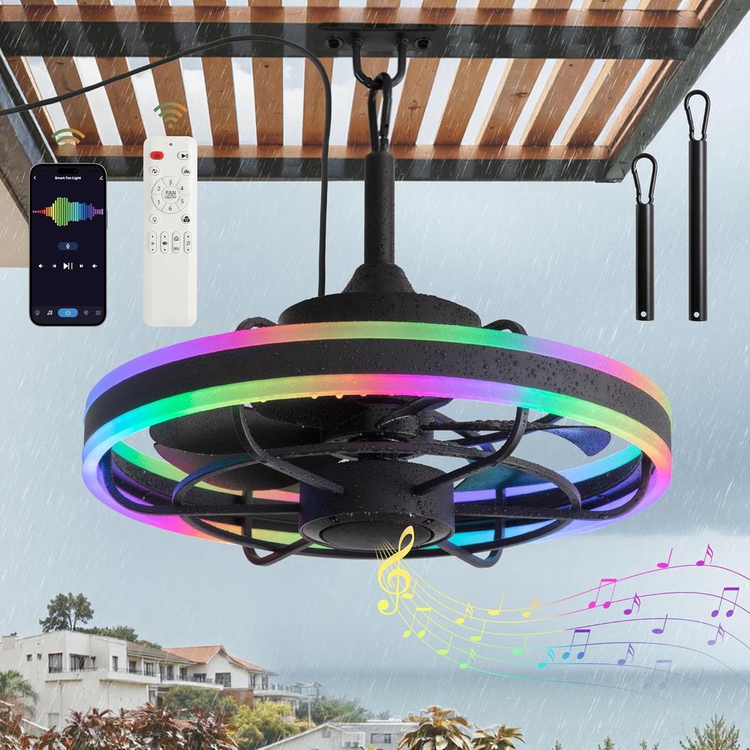 Fanbulous Outdoor Ceiling Fans with Light, 20" Waterproof Smart Ceiling Fan Light with Bluetooth Speaker, App Control for Dimming & RGB Color, Caged Ceiling Fan with Hanging Hook for Porch, Pergola