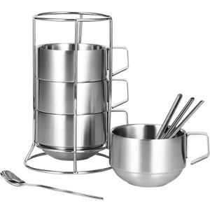 Stackable Stainless Steel Coffee Mugs, Coffee Cups Set of 4 with Spoons & Stand, 250ml Cup Cups for Drinks Latte Cappuccino Tea, 4 pcs set Coffee Cup