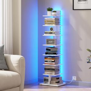 TUTOTAK Narrow Bookshelf, 8-Tier Bookcase with LED Lights, Spine Book Shelf for Small Space, Corner Standing Shelf for Living Room, Office, Study, Entryway, White BS06BW008L
