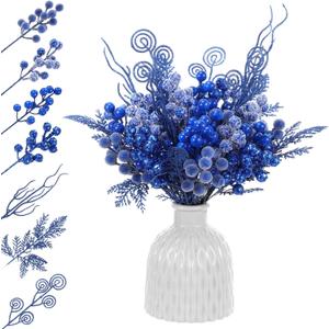Syhood 80 Pcs Royal Blue Winter Artificial Berry Picks and Pine Branches Stems Set, 7 Style Glitter Snowy Holly Berry and Branches for Wedding DIY Wreath Garland Party Winter Decor