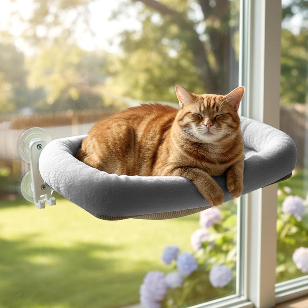 Cordless Cat Window Perch, Foldable Cat Window Hammock, 4 Strong Suction Cups, Solid Metal Frame, Patented Hook Design, Cushion Grey, L