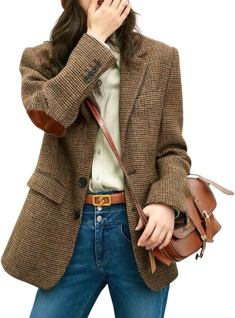 chouyatou Women's Fall Winter Wool Business Casual Blazer Jacket Single Breasted Plaid Dressy Work Coat (XX-Large, Brown)