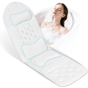 Full Body Bath Pillow for Bathtub, Thick Soft Tub Cushion with Non-Slip Suction Cups Dual Hooks, Luxury Spa Pillow for Neck Back and Hip Support, 55" x 18" (White)