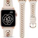 Minyee Leather Band Compatible with Apple Watch Bands 38/40/41/42/44/45/46/49mm Women,Dressy Premium Leather Strap with Stainless Steel Metal Chain for iWatch Ultra 2 Series 10/9/8/7/6/5/4/3/2/1/SE (Starlight/Rose Gold)