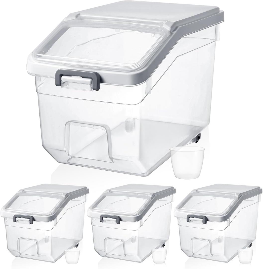 Sunnyray 4 Pcs Rice Storage Container 22 lb Airtight Flour Container with Wheels Measuring Cup Clear Pet Food Cube Dog Cat Birds Food Bin Grain Cereal Organizer Box for Dry Baking Supplies(White Lid)