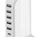 Charging Station for Multiple Devices 40W Upoy, Wall Charger Block 5 USB Ports(Shared 6A), USB Charging Hub Smart IC, Charger Tower with Type-C 3A for iPhone iPad Tablets Smartphones, Home Office Use (white charging station)