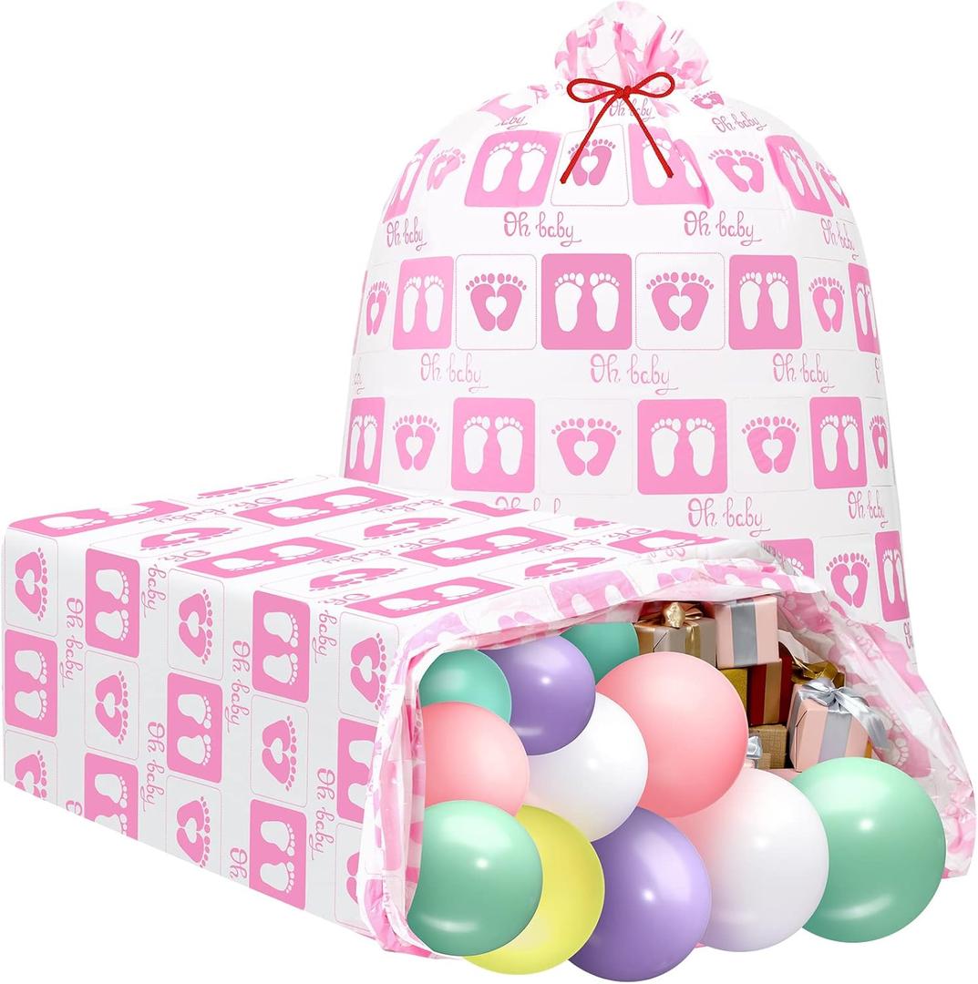 Yingzhao 2 Pcs 80 x 60 in Jumbo Bike Gift Bags Extra Large Baby Footprint Plastic Present Bicycle Bags Birthday Gift Sack for Girl Boy Birthday Party Baby Shower(Pink)