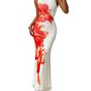 PRETTYGARDEN Womens Summer Dresses 2026 Elegant Spaghetti Straps Evening Gown Floral Print Bodycon Maxi Mesh Sundress(White and Orange Floral,X-Large) (XL)