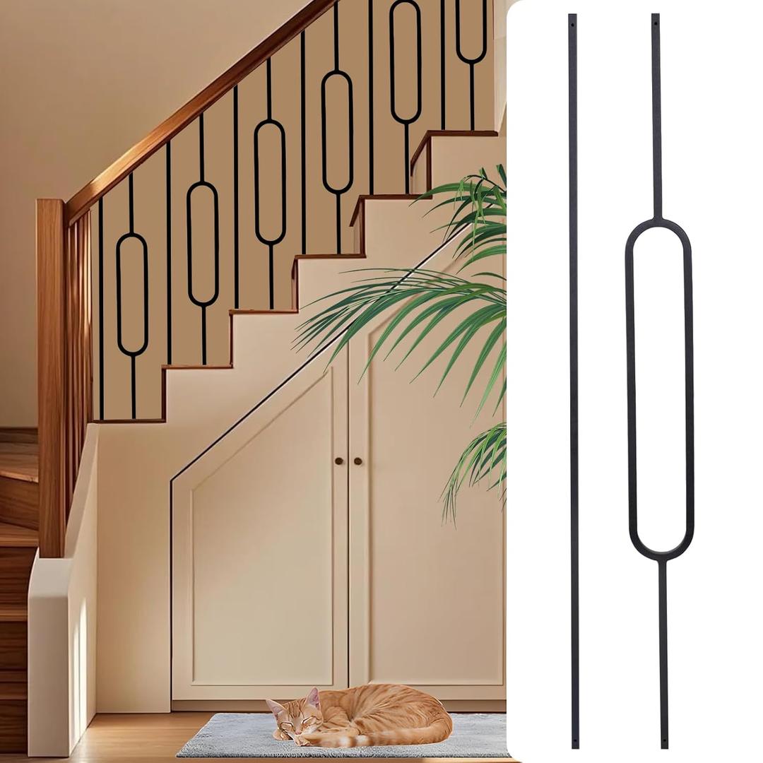 10 Pack Wrought Iron Balusters CXRCY Balusters for Staircase Interior -Metal Stair Decorative Balusters Hollow Black (5 Oval & 5 Straight)