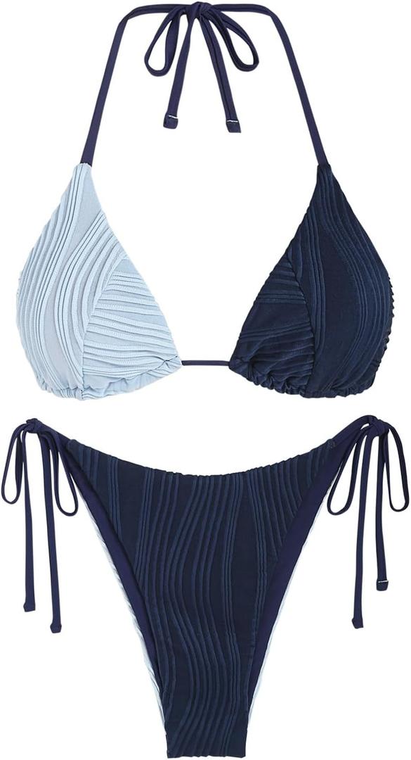 ZAFUL Bikini Sets for Women Halter Two Piece Swimsuit Ribbed High Cut Tie Side Thong Bathing Suit Sexy Padded Swimwear (Small, Navy Blue)