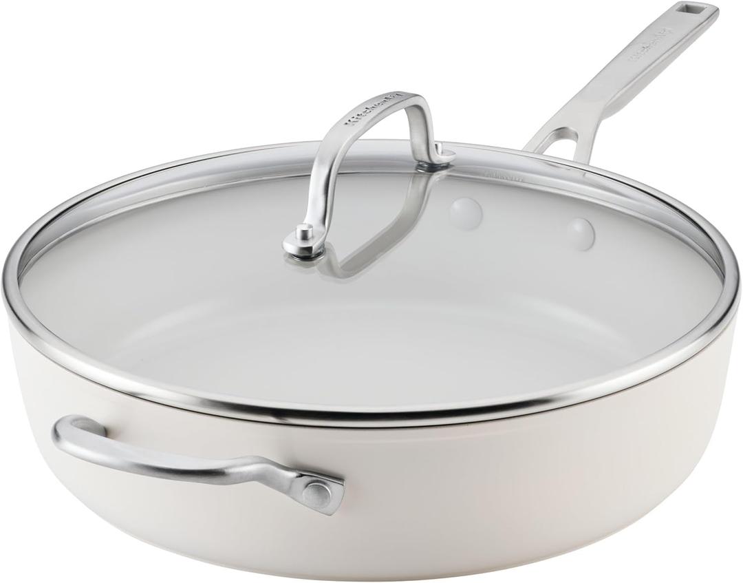 KitchenAid Hard Anodized Ceramic Induction Nonstick Cookware Saute Pan/Jumbo Cooker with Lid and Helper Handle, Dishwasher Safe, 5 Quart Sauteuse with Stainless Steel Handles - Porcelain White