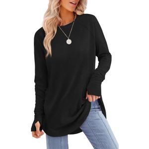 XIEERDUO Womens Tunic Tops to Wear with Leggings Long Sleeve Thumb Hole Shirts Crew Neck Curved Hem, L