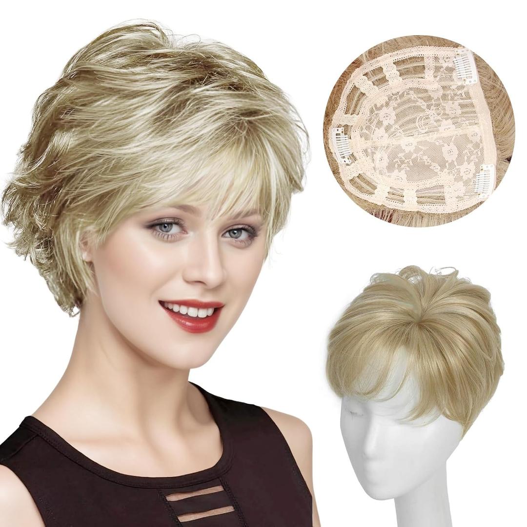 CROWN GUIDE Short Pixie Cut Hair Toppers for Women with Thinning Hair - Clip-In Synthetic Topper with Bangs, 7x7 Breathable Base - Daily Wear Topper for Senior Women & Short Hairstyles (Blonde)